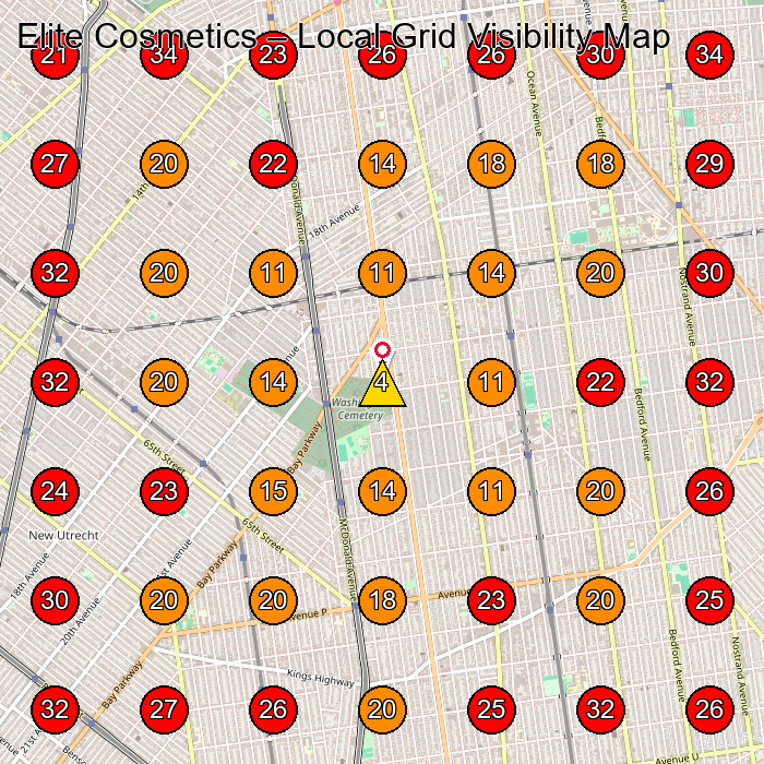 Elite Cosmetics GeoGrid visibility map for Cosmetic Products Manufacturer in None